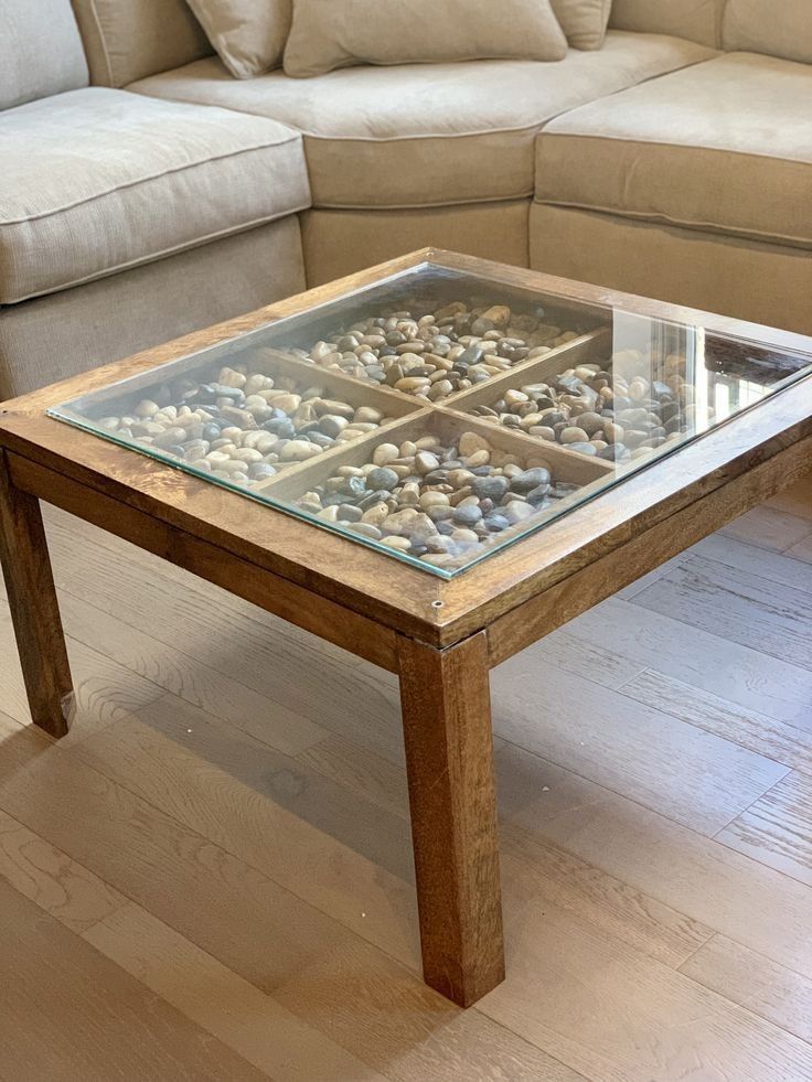 Rustic Coffee Table with Stone Display