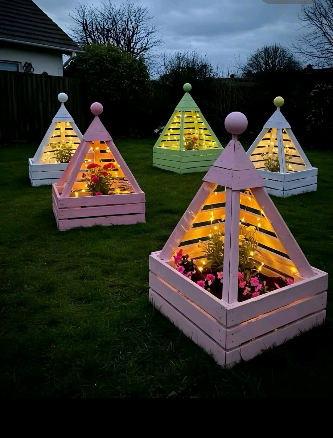 Wooden Pyramid Planter with Lights
