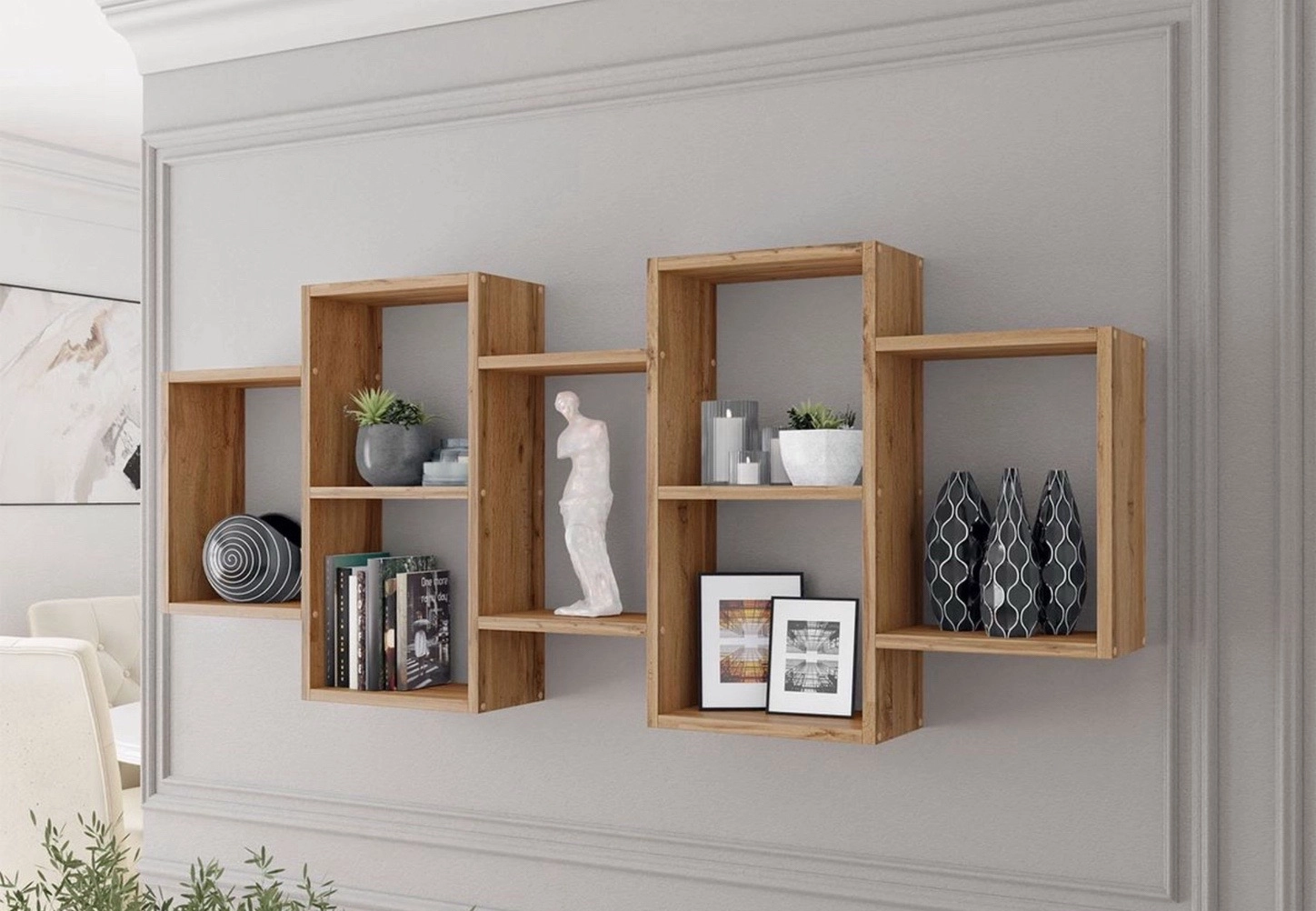Wall-mounted wooden shelves