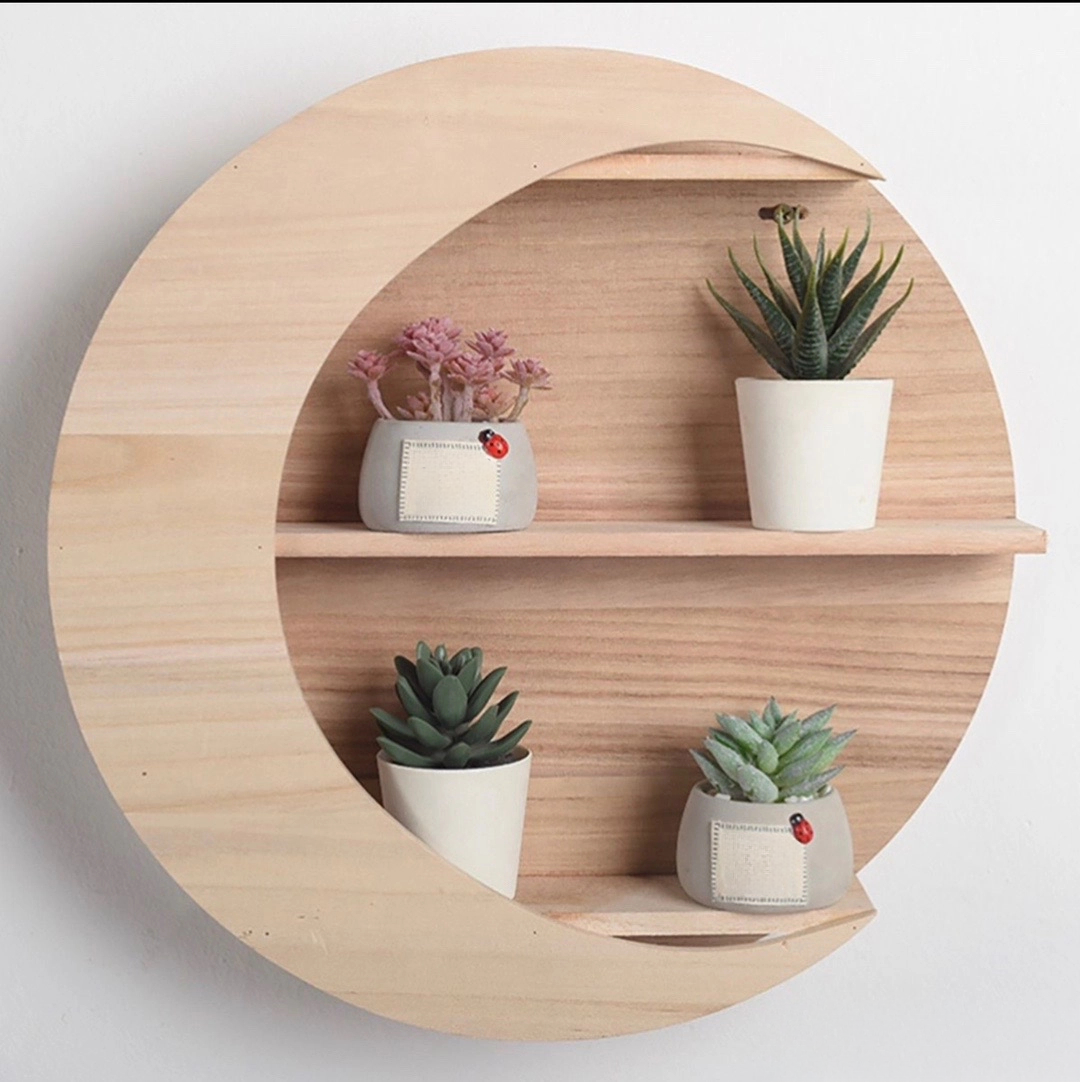 Round Moon Shaped Wooden Wall Shelf