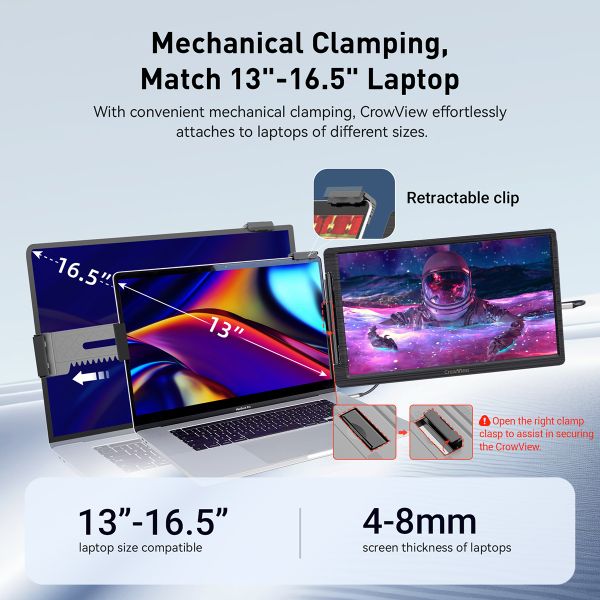 CrowView- Ultimate 14'' Portable Ultralight Dual Monitor support multiple system and 13''- 16.5 ''laptops with FCC/CE