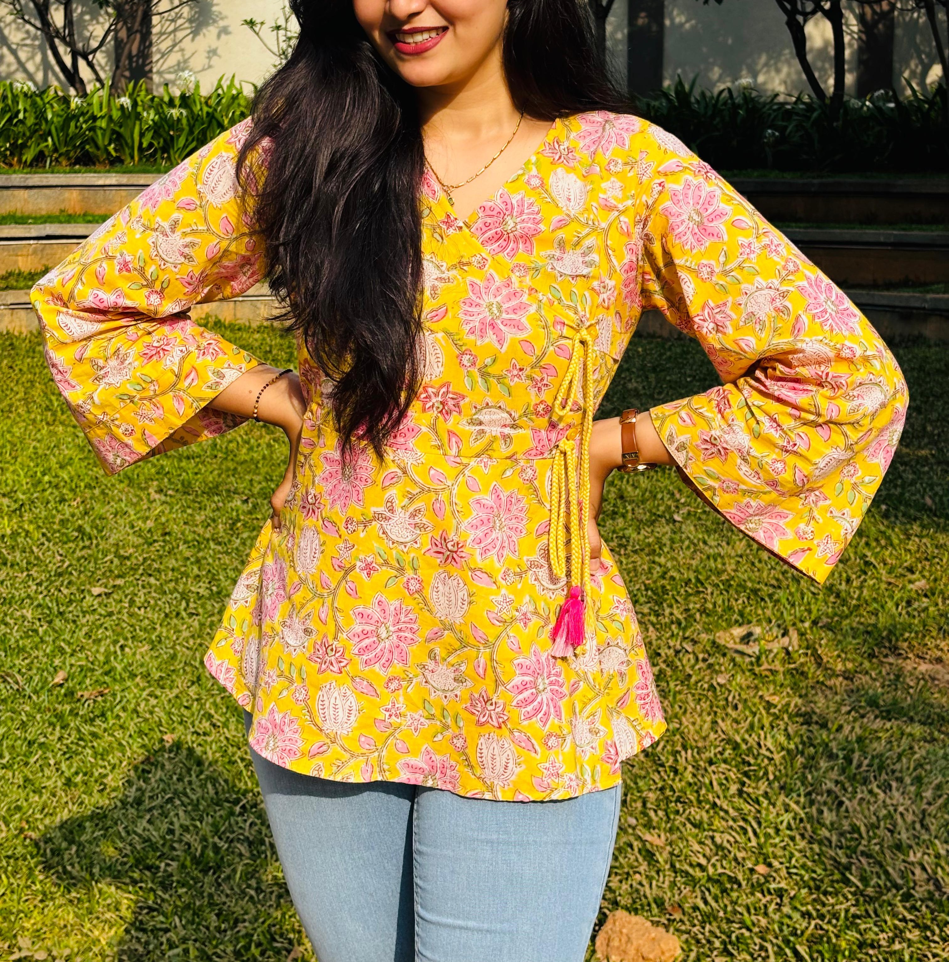 Floral Yellow Hand Block Kimono Wrap Top