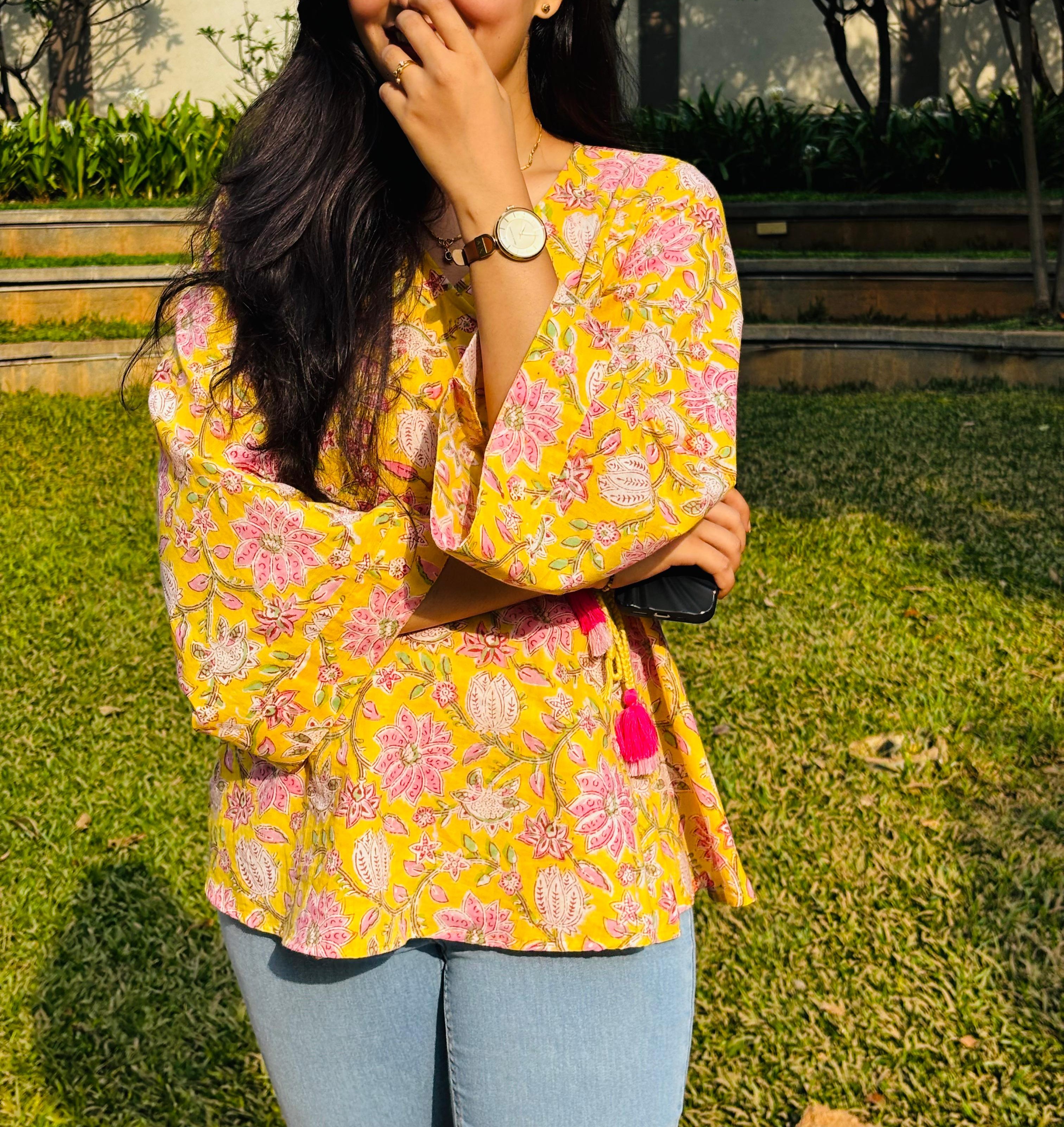 Floral Yellow Hand Block Kimono Wrap Top