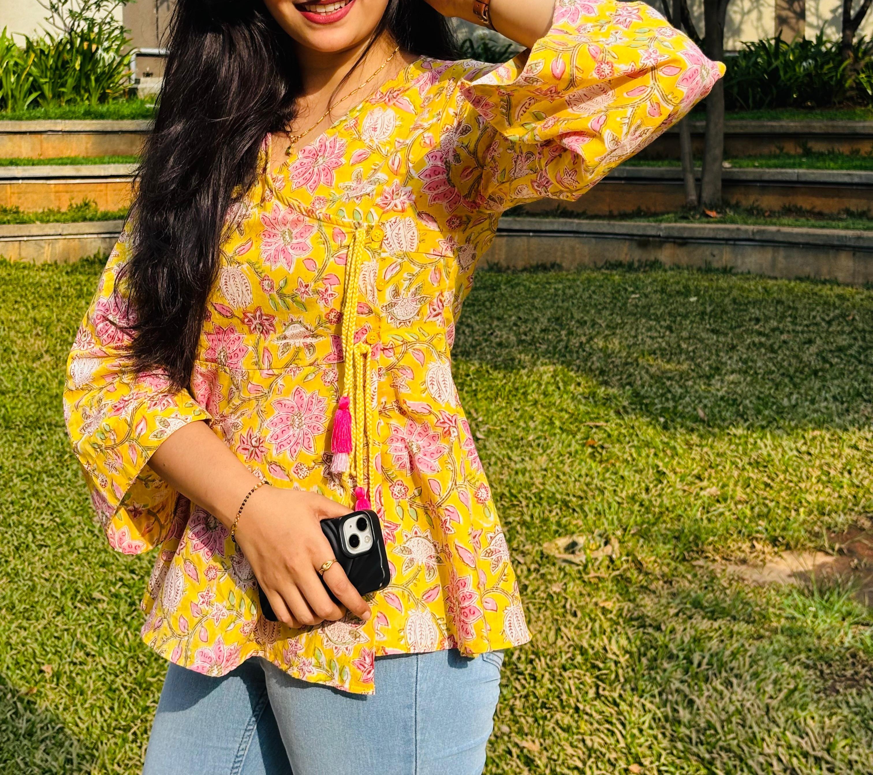 Floral Yellow Hand Block Kimono Wrap Top