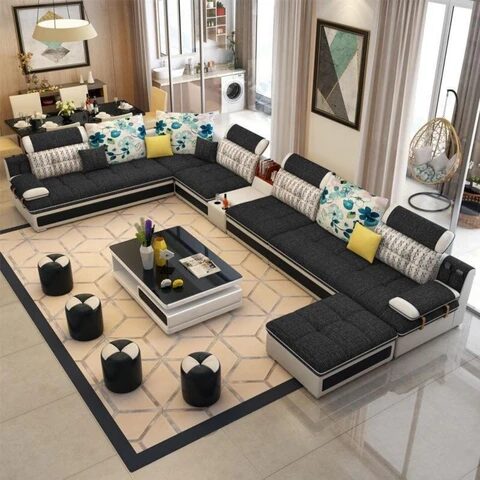Luxury Modern U Shaped Leather Fabric Corner Sectional Sofa Set Design With Ottoman