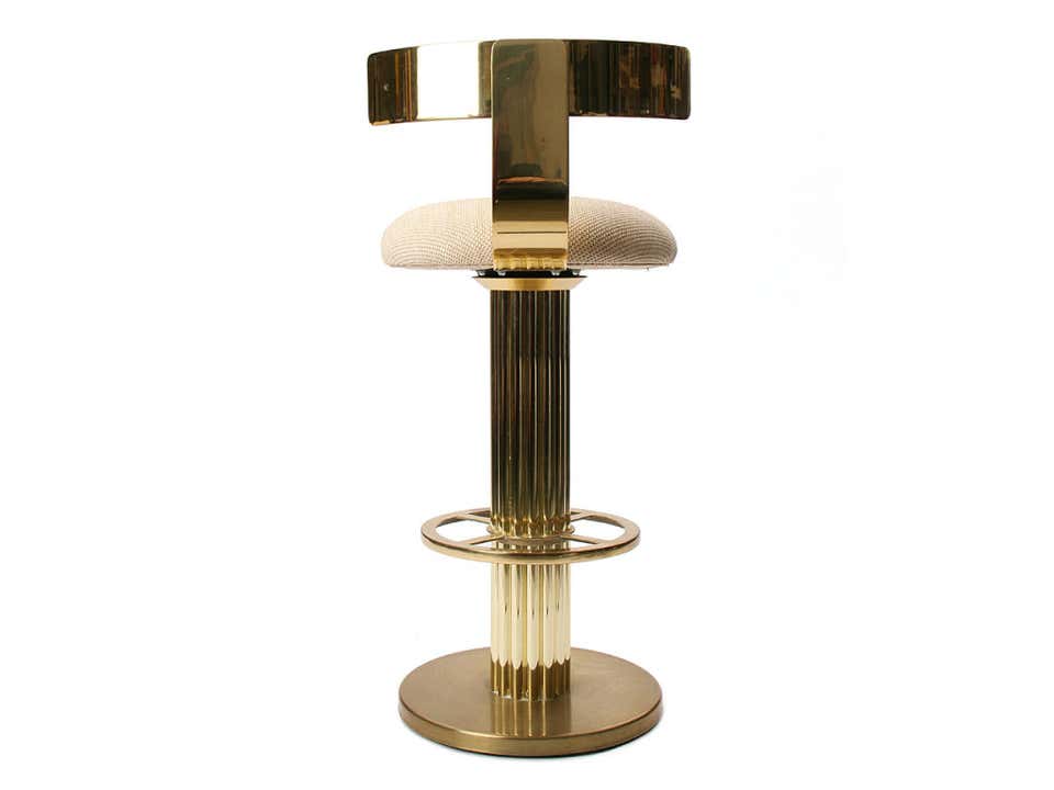 Pair of Barsools in Stainless Steel Brass Polished and Genuine Leather