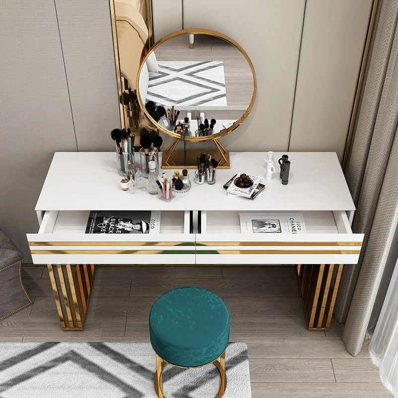 White Vanity Table Set White Dressing Table with 2-Drawers & Stool