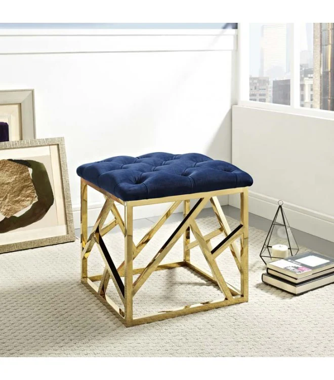 BLUE VELVET GOLD GEOMETRIC BASE OTTOMAN FOOTSTOOL