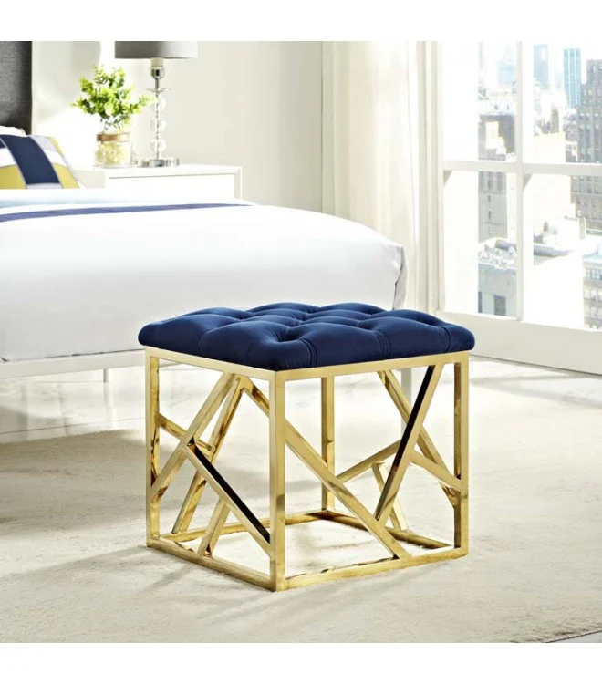 BLUE VELVET GOLD GEOMETRIC BASE OTTOMAN FOOTSTOOL