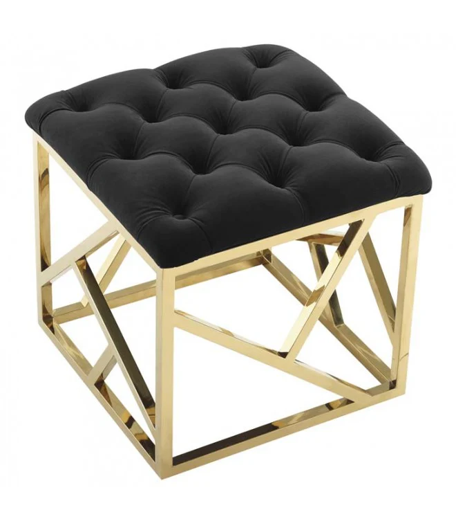 BLUE VELVET GOLD GEOMETRIC BASE OTTOMAN FOOTSTOOL