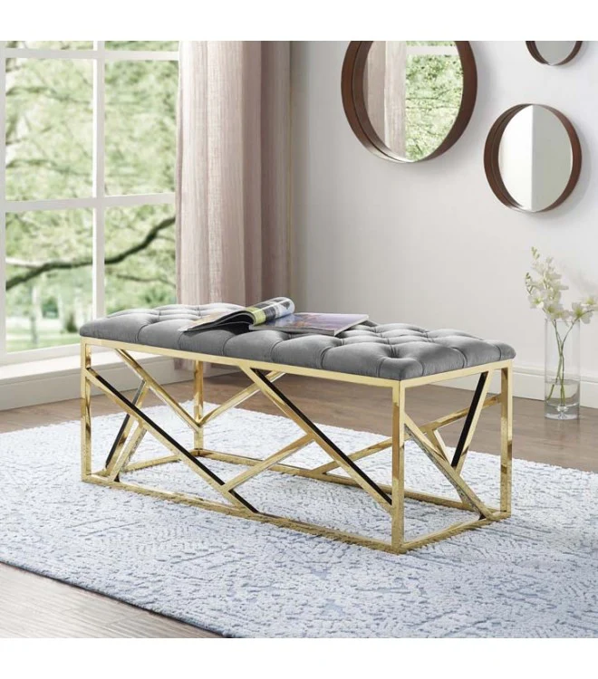 GREY VELVET LONG BENCH GOLD GEOMETRIC BASE