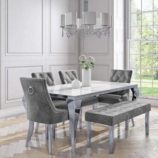 White Marble Dining Table with 4 Grey Velvet Chairs & 1 Bench