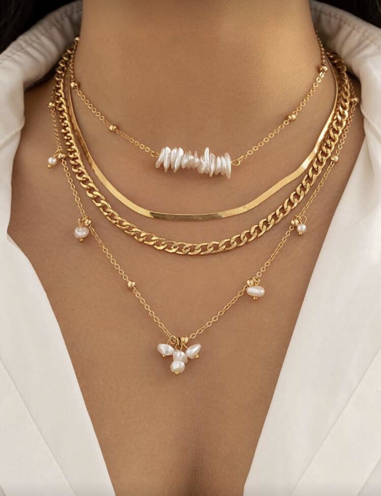 Layered Gold and Pearl Necklace Set