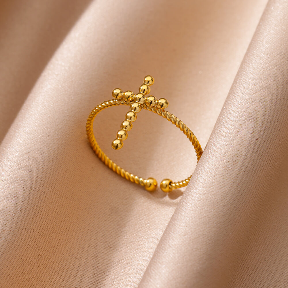 Gold Beaded Cross Ring