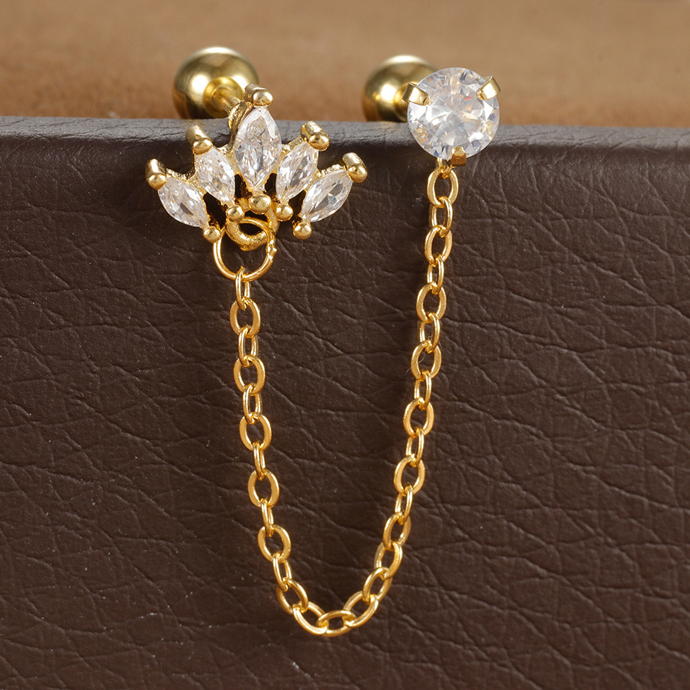 Gold Plated Double Stud Earring with Chain