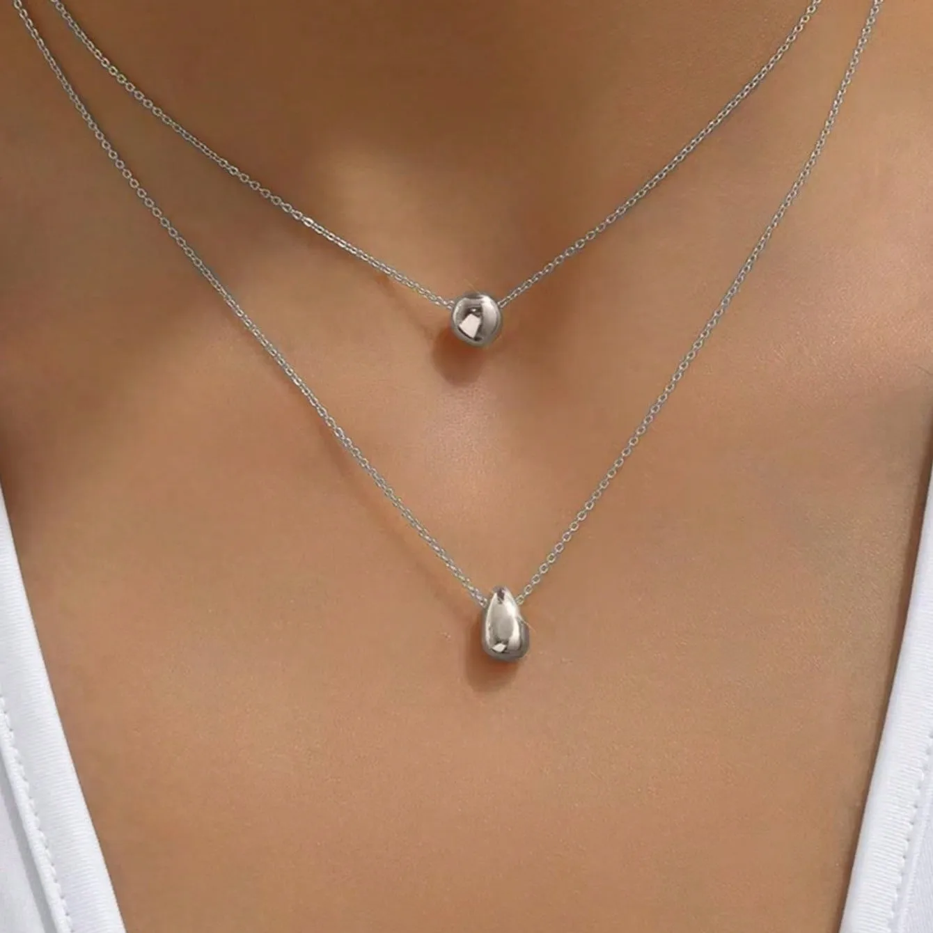 Double Layer Silver Pendant Necklace