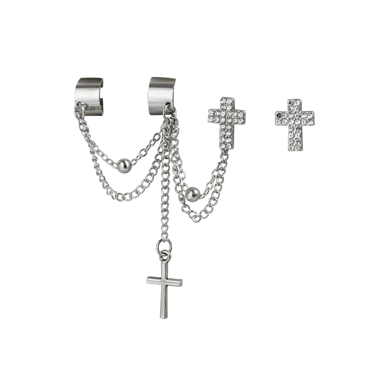 Silver Cross Chain Ear Cuff Set