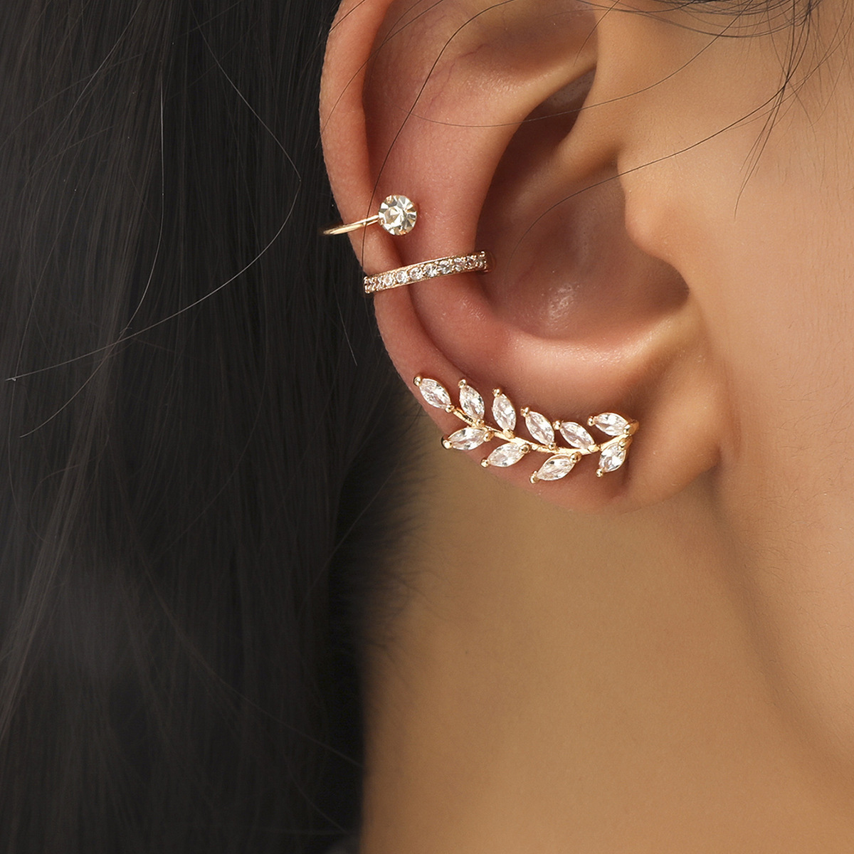 Gold Ear Cuff Set with Crystal Stud