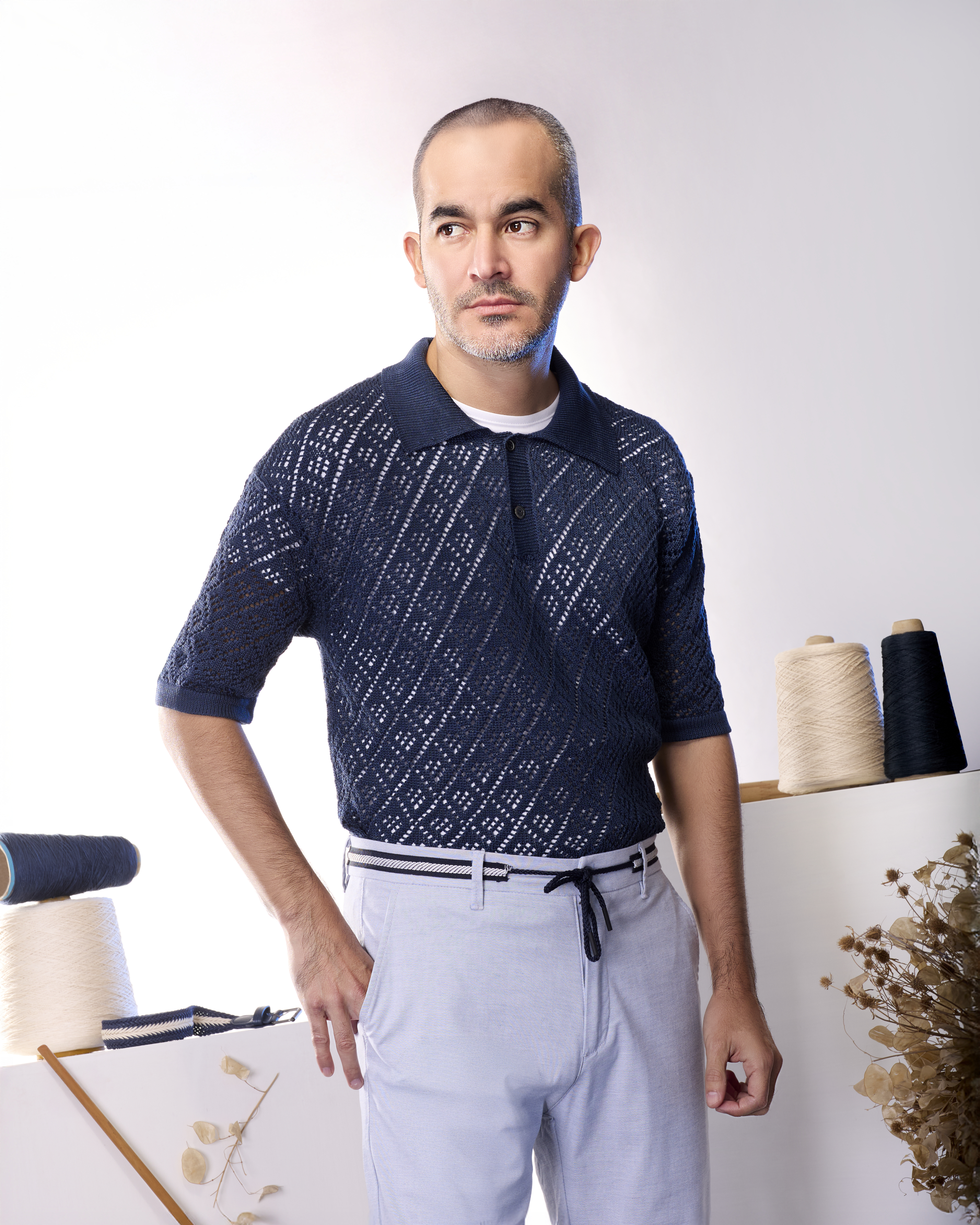 Men's Navy Blue Crochet Polo Shirt
