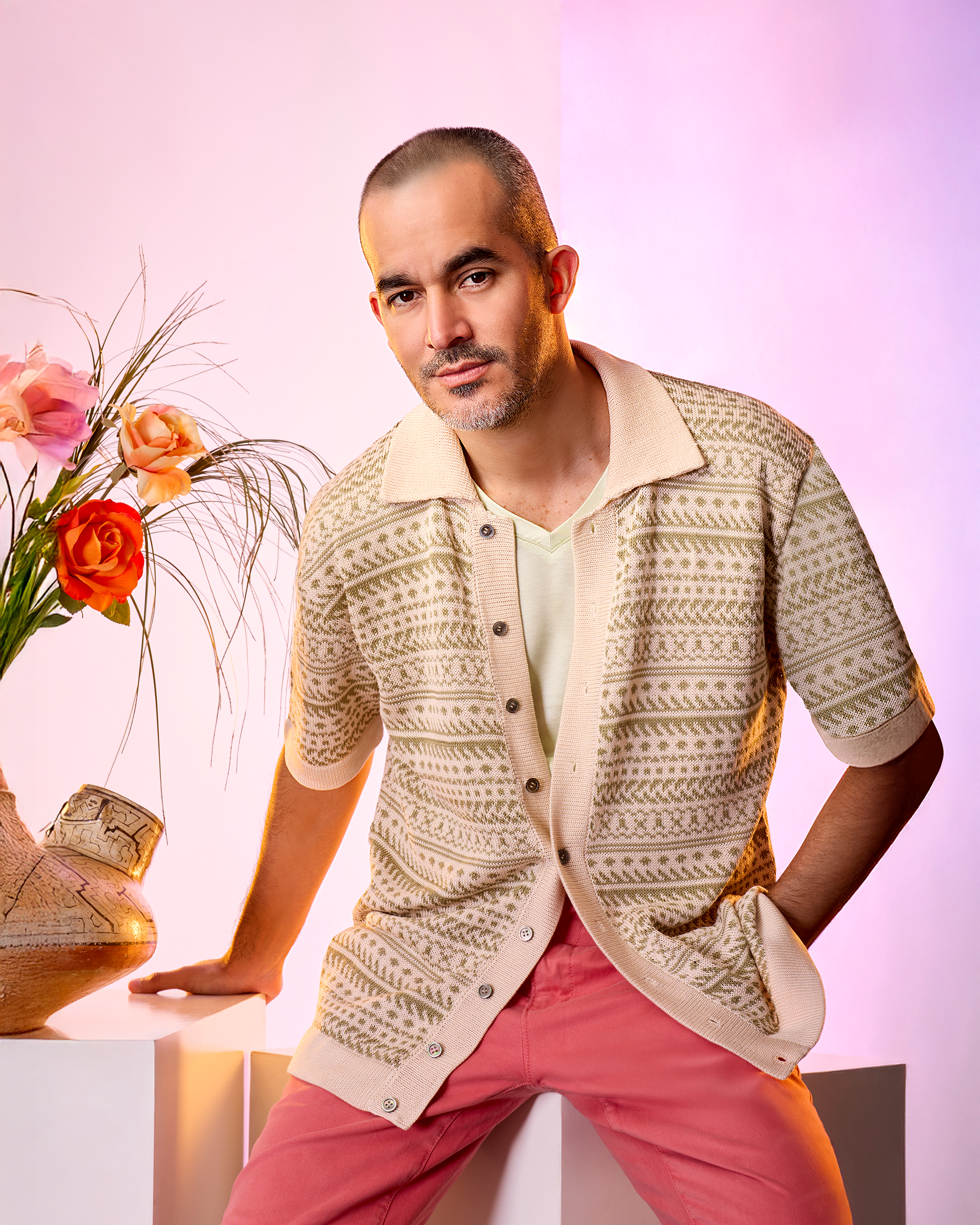 Patterned Short-Sleeved Shirt Cardigan