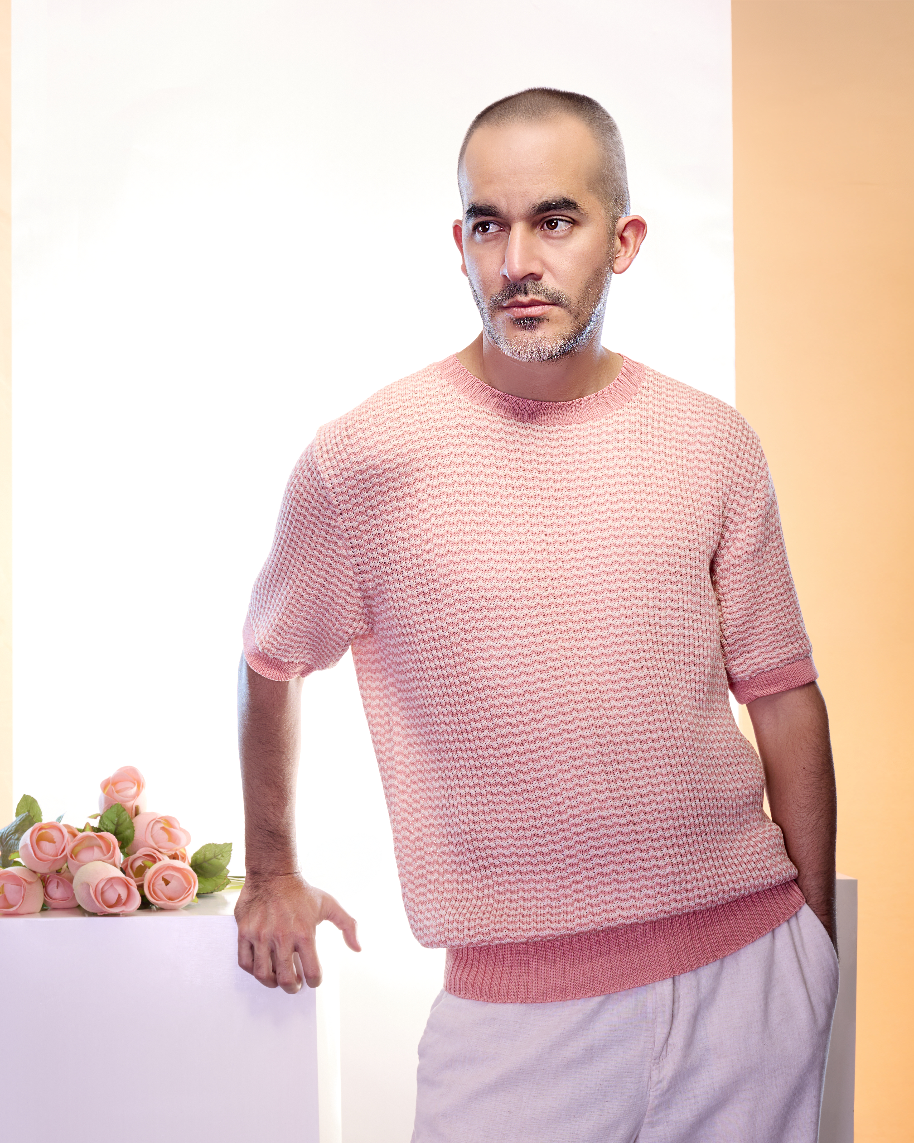 Men's Pink Knit Short Sleeve Sweater