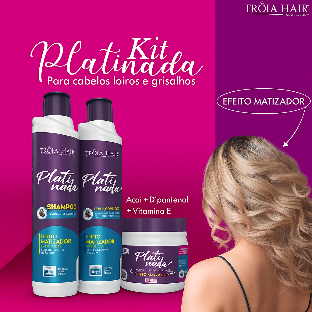 Kit Platinada - Completo para Cabelos Loiros, Iluminados, Grisalhos e Platinados Troia Hair 850ml