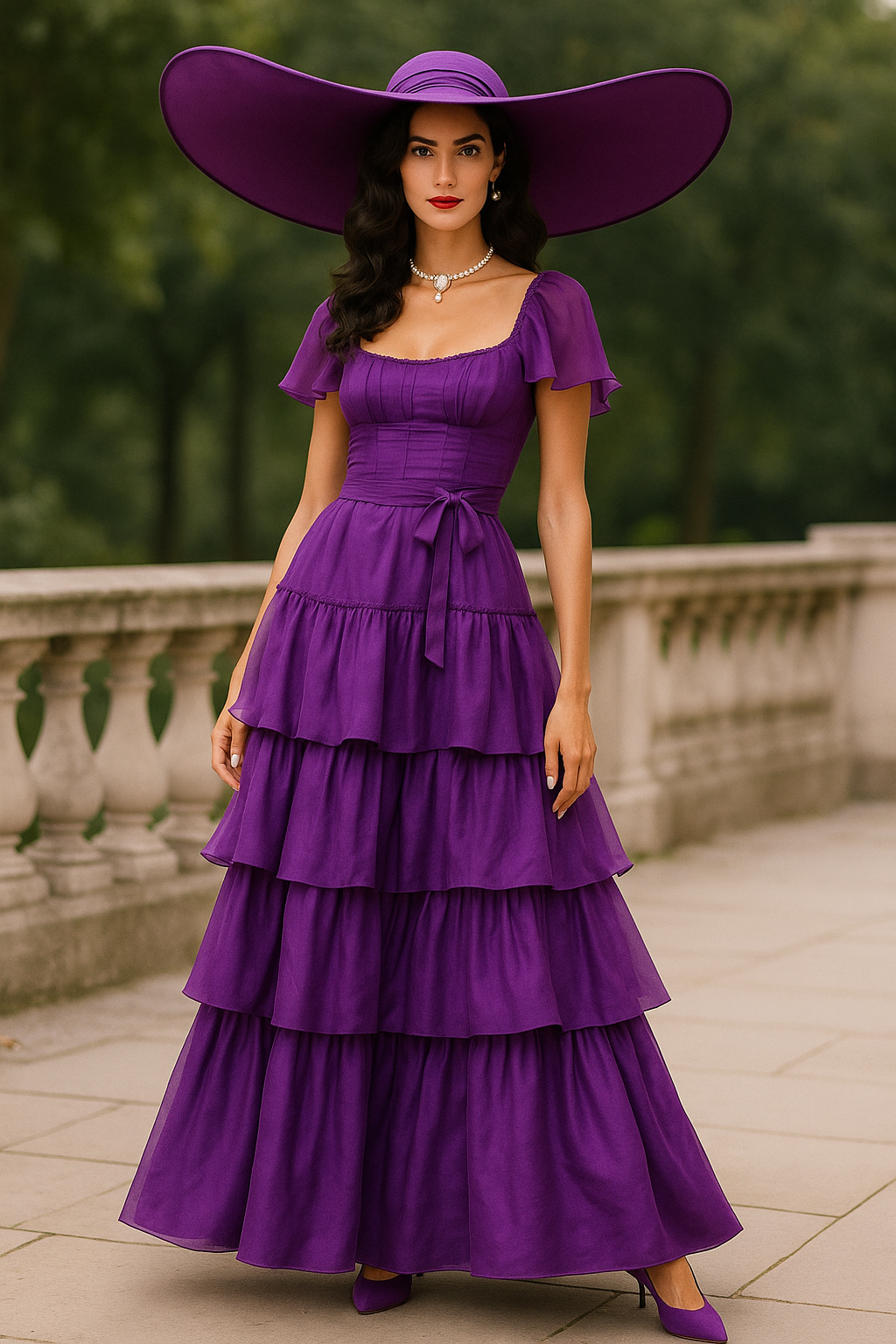 Elegant Tiered Purple Gown with Wide-Brim Hat