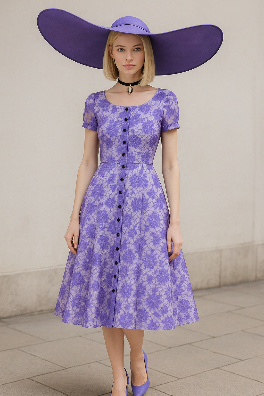 Lavender Floral Button-Front Dress with Wide Brim Hat