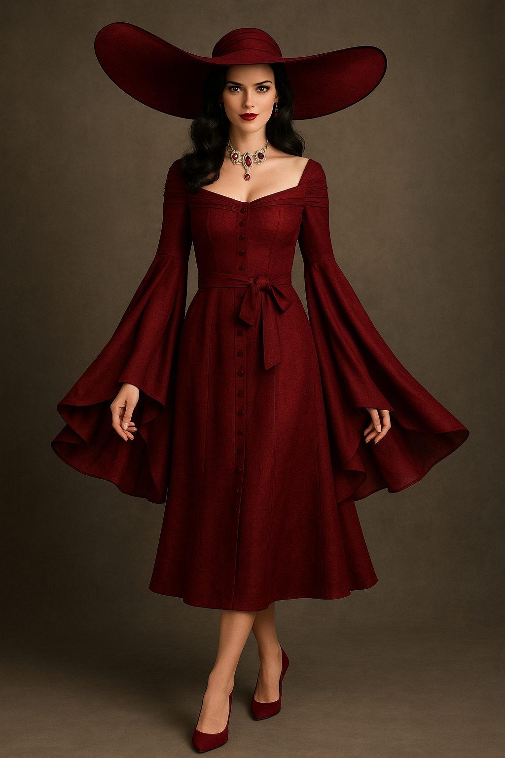 Elegant Burgundy Dress with Flared Sleeves
