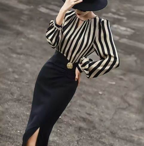 Vintage Striped Blouse and High-Waisted Skirt