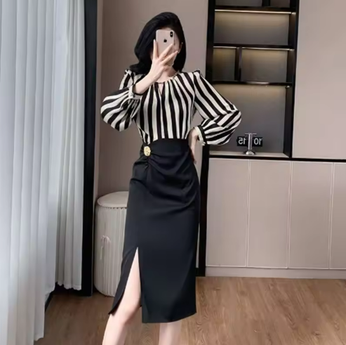 Striped Blouse and High-Waisted Skirt Set