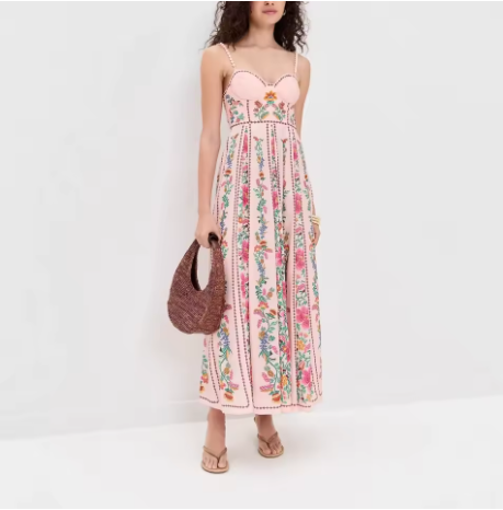 Sexy Beaded Strap Print Holiday Dress Women's Mid-Calf Gown Empire Waist Independent Station 