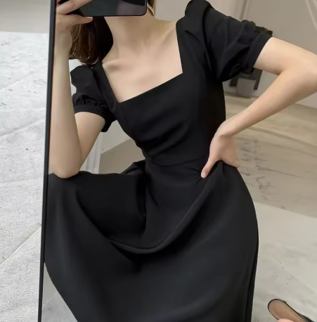 Summer Retro Little Black Dress Waist Square Neck Dress Women's Clothing