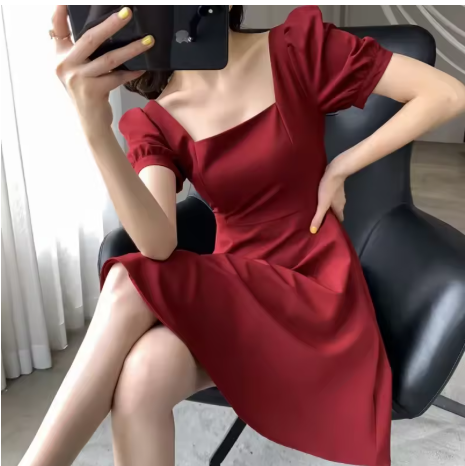 Summer Retro Little Black Dress Waist Square Neck Dress Women's Clothing