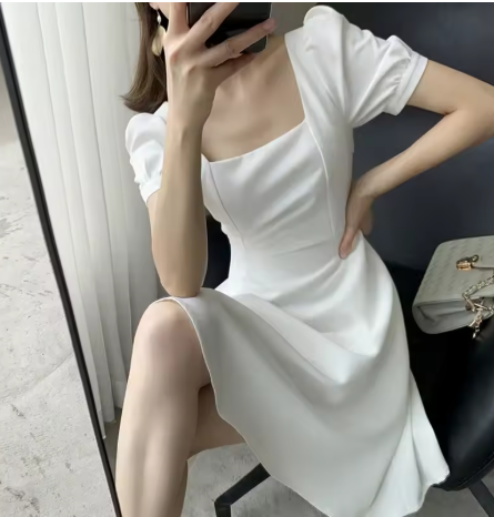 Summer Retro Little Black Dress Waist Square Neck Dress Women's Clothing