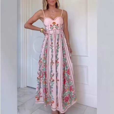 Sexy Beaded Strap Print Holiday Dress Women's Mid-Calf Gown Empire Waist Independent Station 