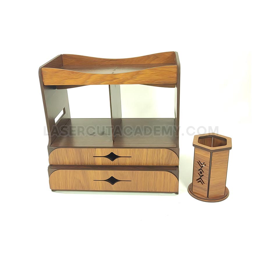 Wooden Desktop Organizer Set with 2 Drawers – Makeup & Stationery Storage (SVG, DXF, PDF & CDR Files)