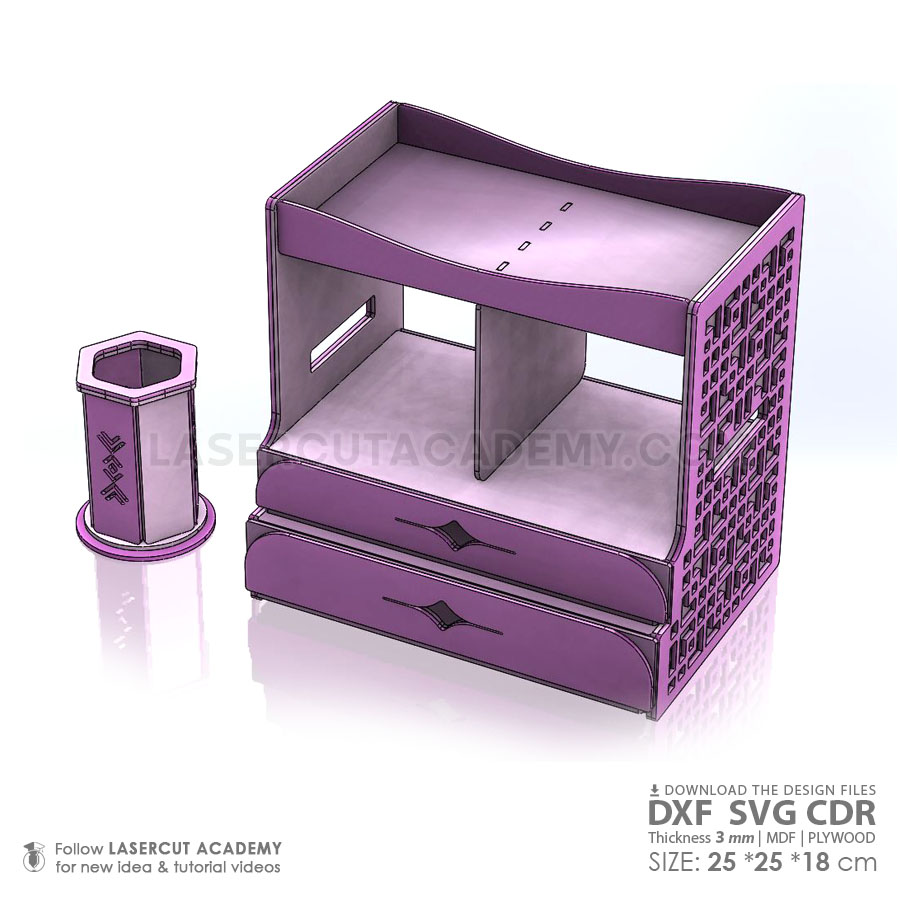 Wooden Desktop Organizer Set with 2 Drawers – Makeup & Stationery Storage (SVG, DXF, PDF & CDR Files)