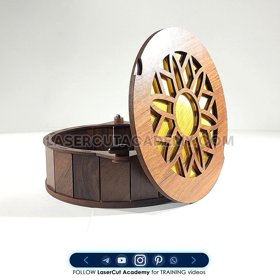 Circular Sunflower Storage Box with Double-Sided Locking Door – SVG, DXF, PDF & CDR Files