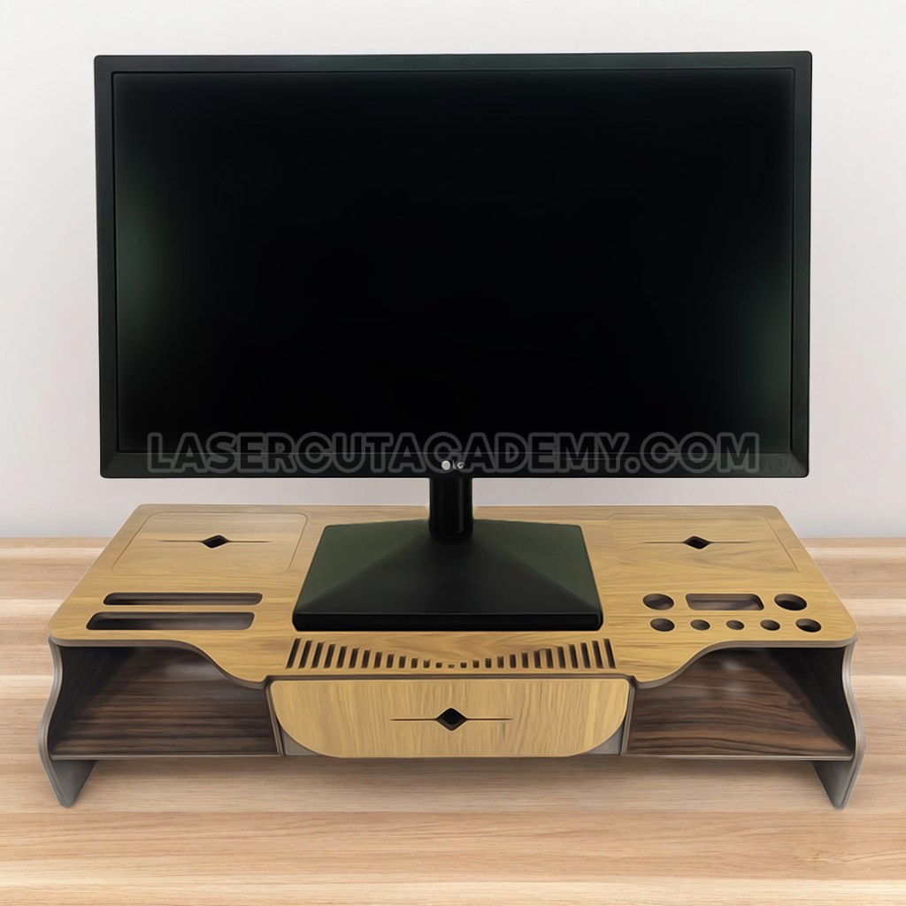 Wooden Monitor Riser Stand with Hidden Storage – Ergonomic Desk Organizer (SVG, DXF, PDF & CDR Files)