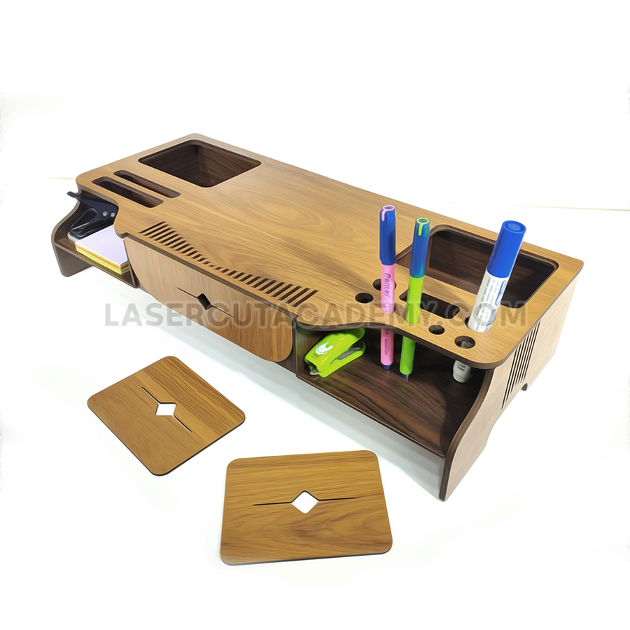 Wooden Monitor Riser Stand with Hidden Storage – Ergonomic Desk Organizer (SVG, DXF, PDF & CDR Files)