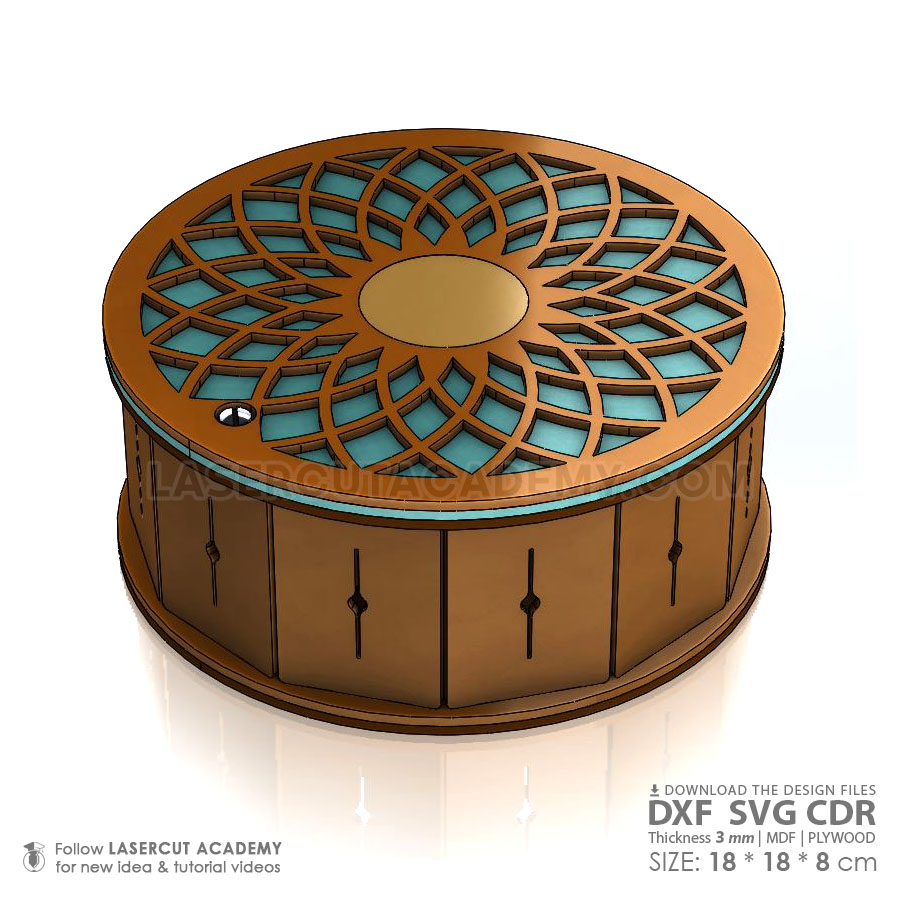 Laser Cut Decorative Round Box – Elegant Storage for Jewelry & Keepsakes (SVG, DXF, PDF & CDR Files)