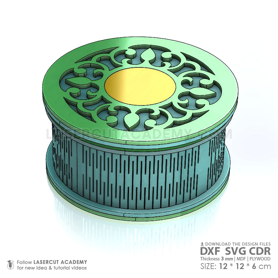 Laser Cut Decorative Round Box – Elegant Storage for Jewelry & Keepsakes (SVG, DXF, PDF & CDR Files)