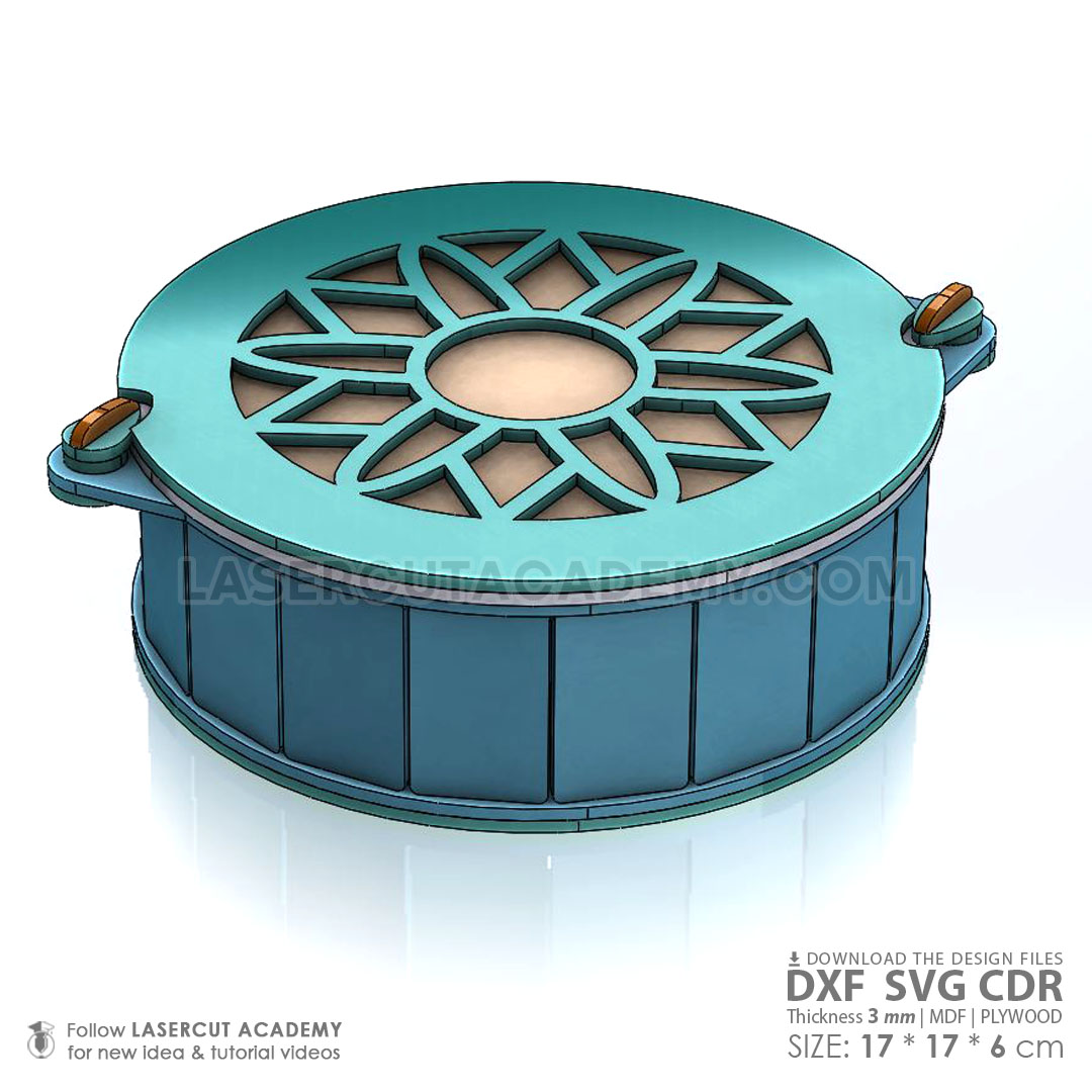 Circular Sunflower Storage Box with Double-Sided Locking Door – SVG, DXF, PDF & CDR Files