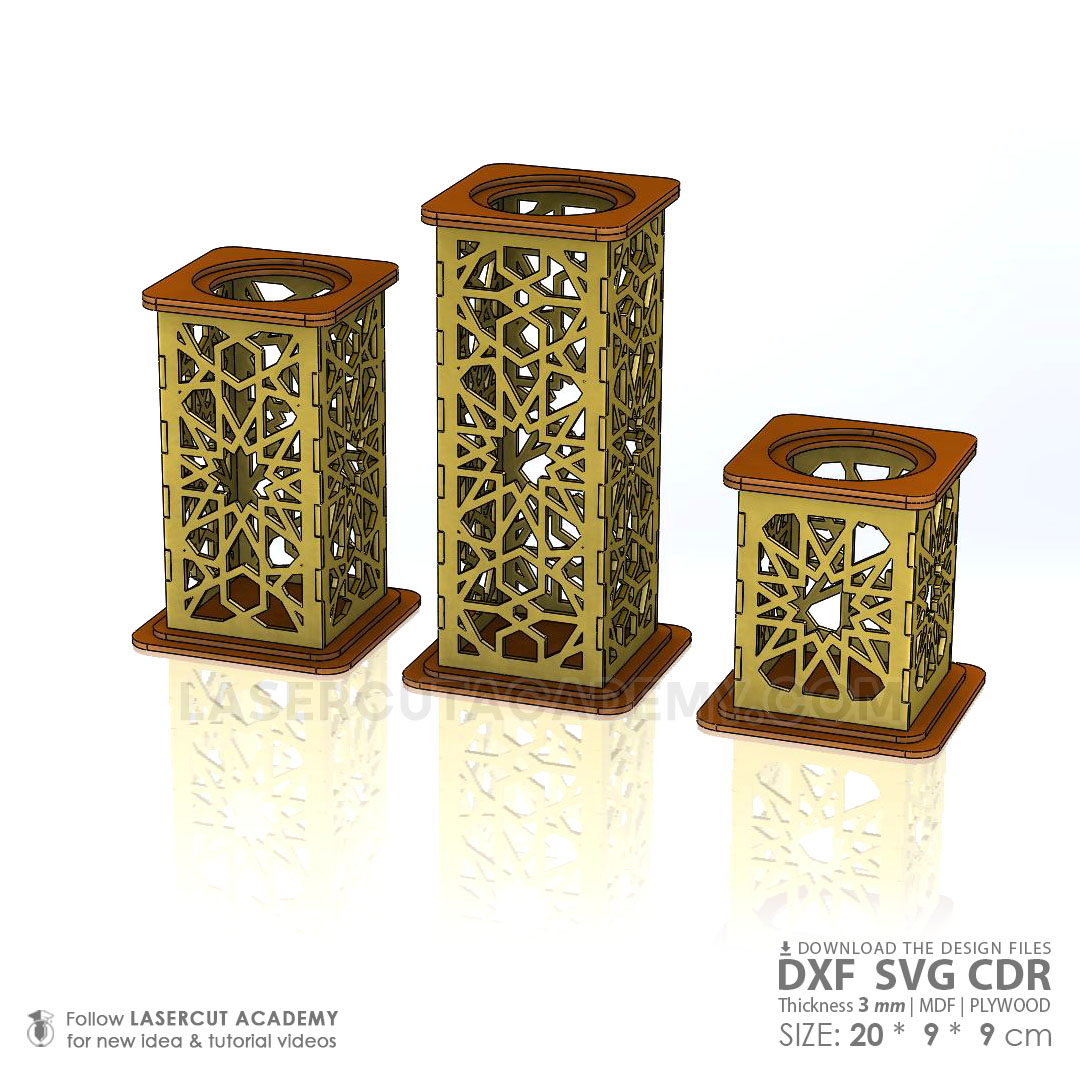 Geometric Wooden Candle Holder Set – 3 Sizes, Laser Cut (SVG, DXF, PDF & CDR Files)
