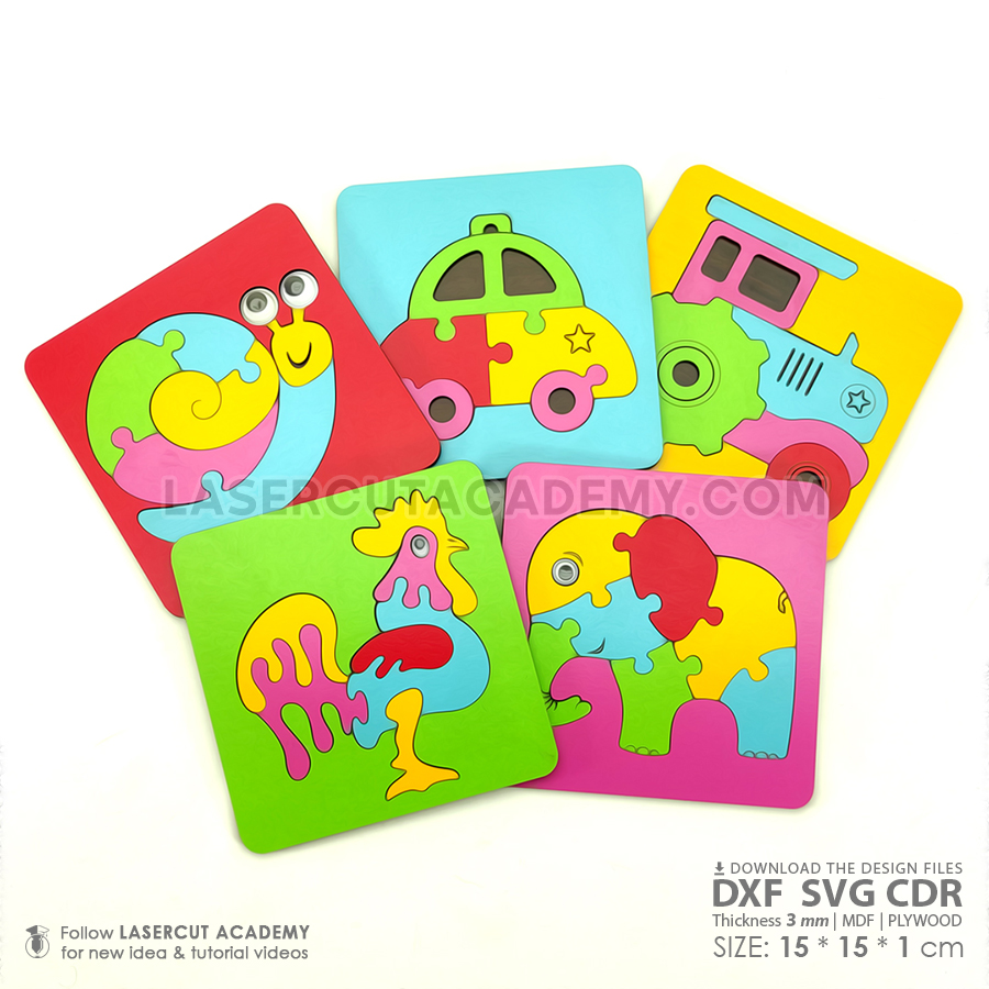 Colorful Wooden Animal & Vehicle Puzzles – 12-Piece Kids’ Set (SVG, DXF, PDF & CDR Files)