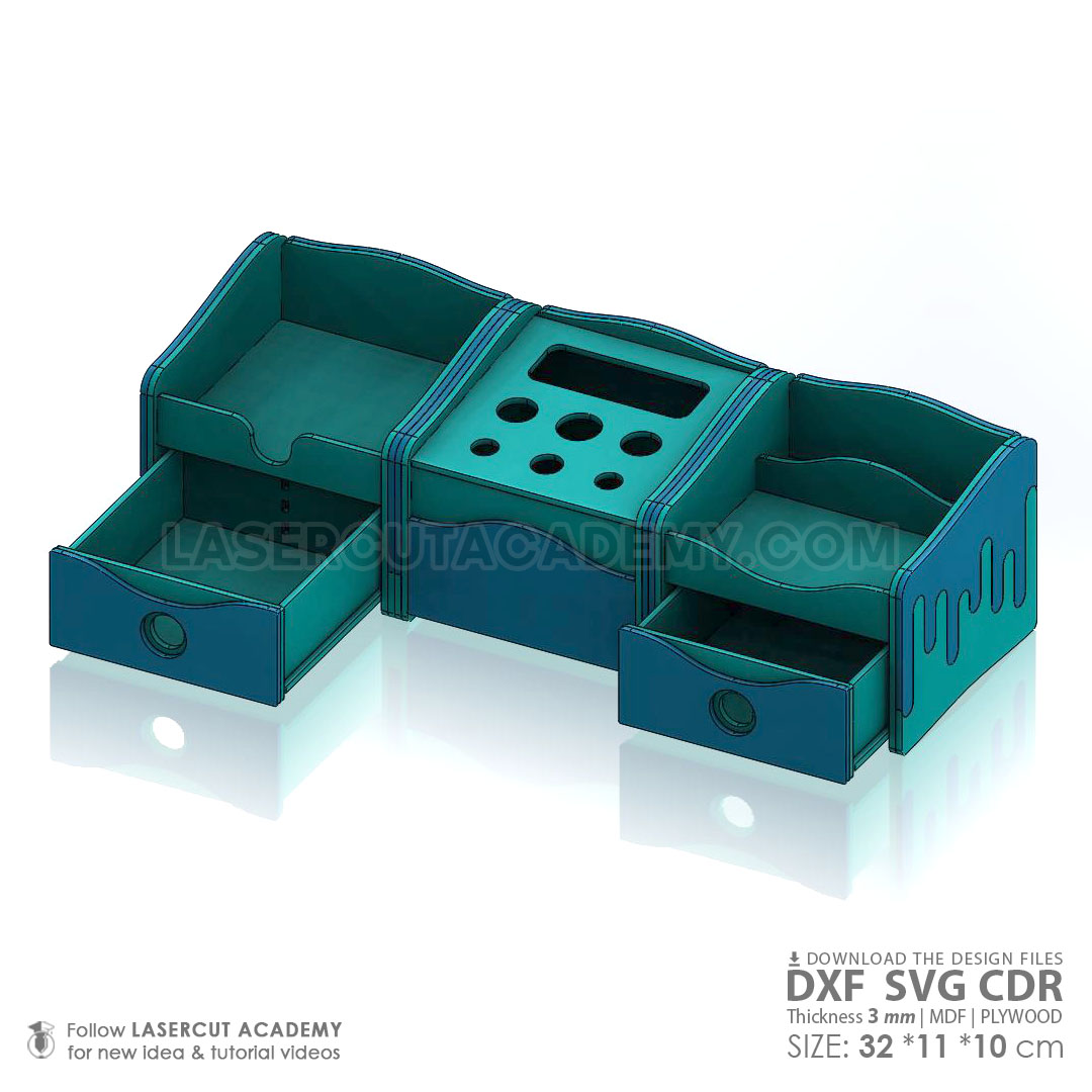 3-Part Desk Organizer with 2 Accessory Drawers – Laser Cut Office Set (SVG, DXF, PDF & CDR Files)