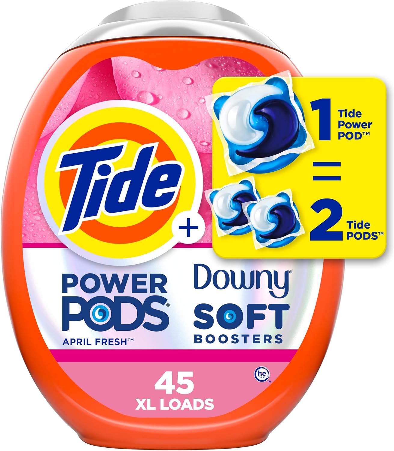 Tide Power PODs 2-in-1 Laundry Detergent Pacs with Downy Soft Boosters, Lasting Freshness with April Fresh Scent, 45 Count, Tide Laundry Detergent, Washing Detergent