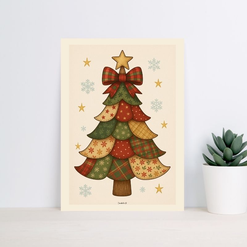 Poster Noël Vintage - Sapin Patchwork - Poster imprimable