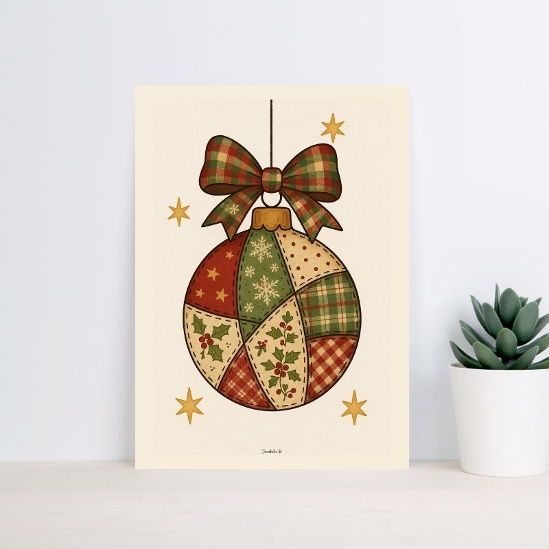 Poster Noël Vintage - Boule de Noël Patchwork - Poster imprimable